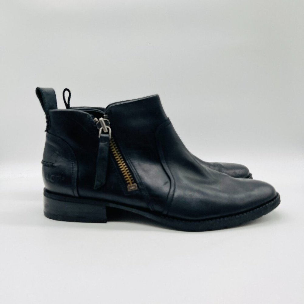 UGG Black Leather Ankle Booties with Side Zipper